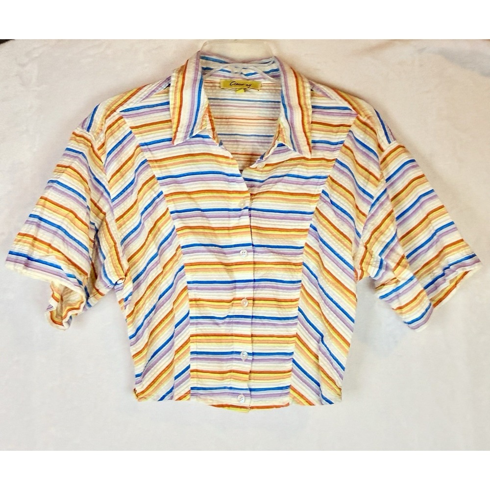 Cropped Striped Button-Front Top in Yellow, Blue & Cream
